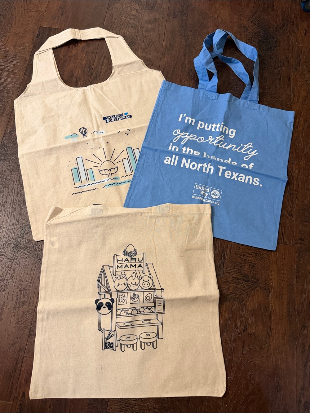 Reusable Tote Bag Trio - Blue & Natural Canvas Prints